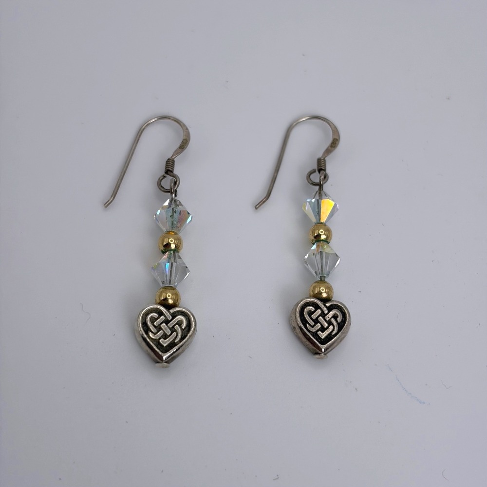 Sterling Silver 925‎ Celtic Heart Crystal Dangle Earrings Silver Gold Tone